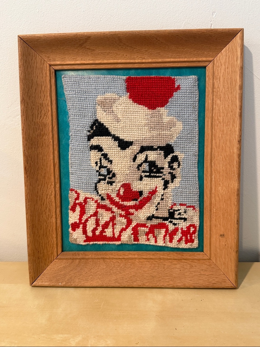 VINTAGE creepy cool clown needlepoint embroidery wall art haunted mcm crewel